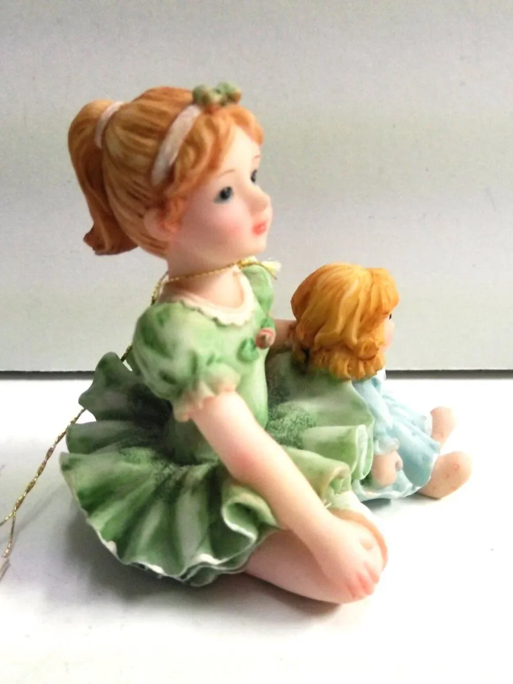 Alabaster Art Sculpture Collectors Edition Girl In Green Dress w/ Baby Doll 1997